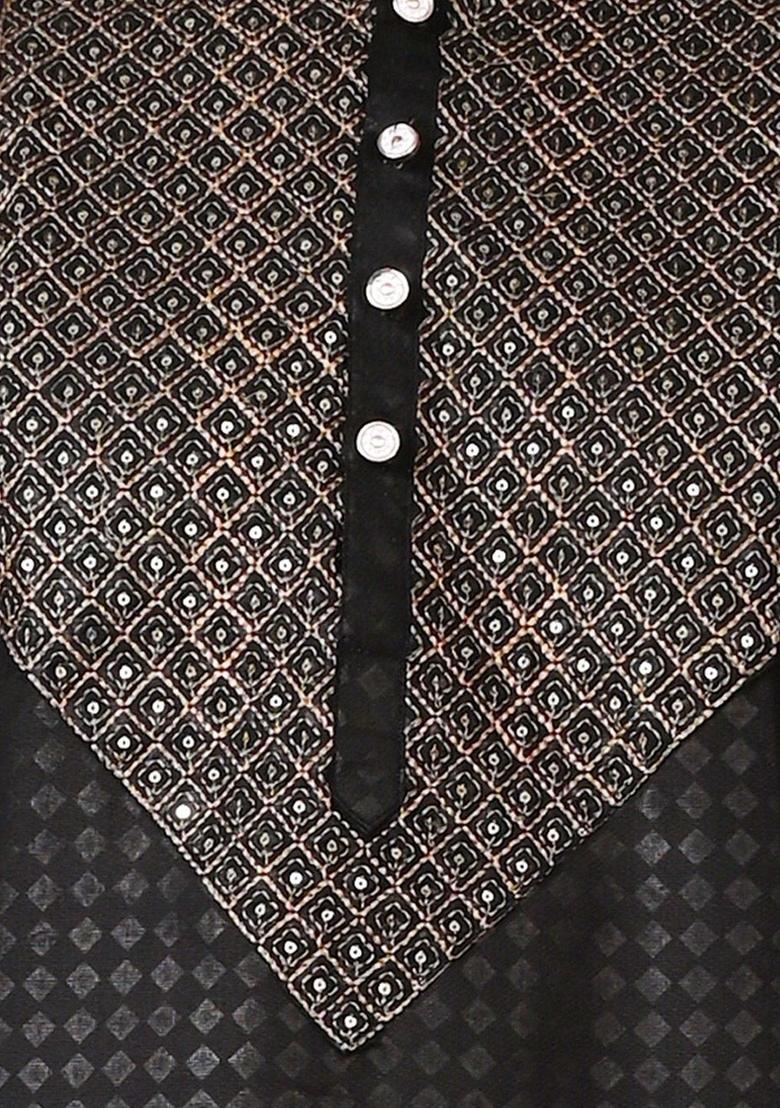 Black Woven Design Silk Kurta Set For Men - Indya