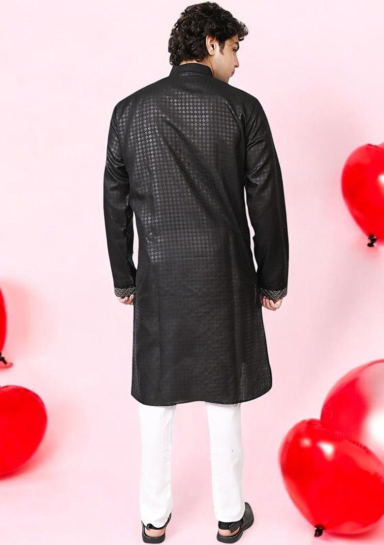 Black Woven Design Silk Kurta Set For Men - Indya