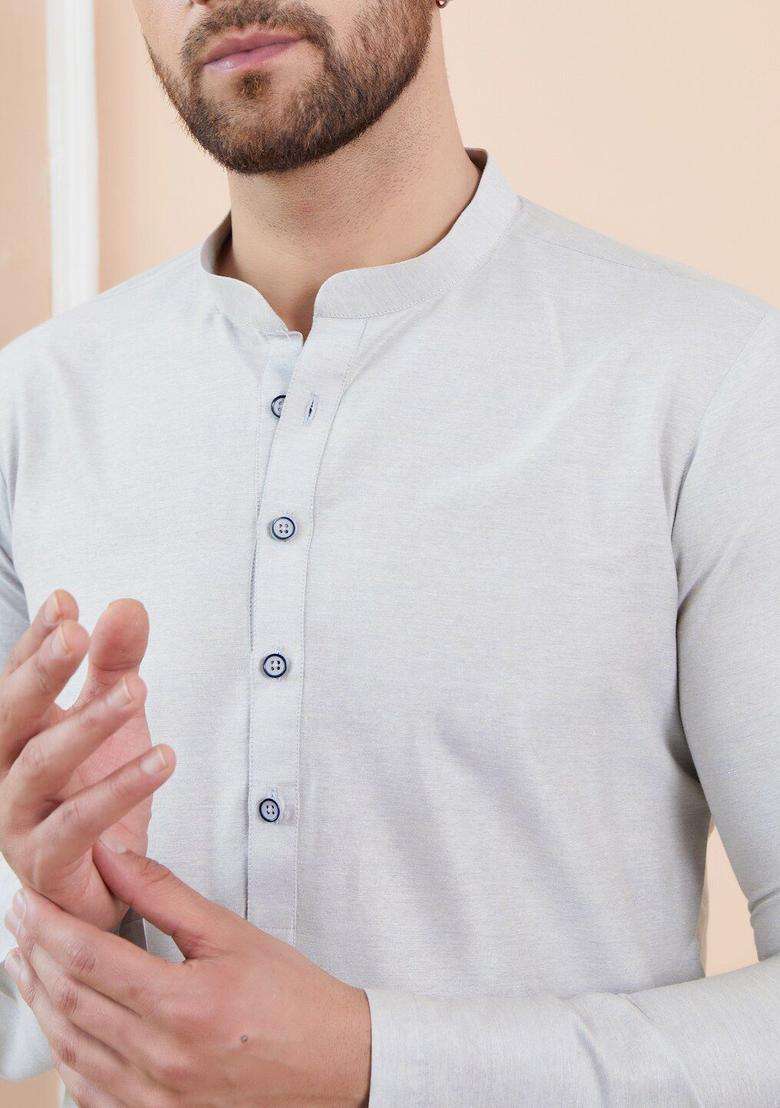 Off White Solid Cotton Kurta Set For Men - Indya