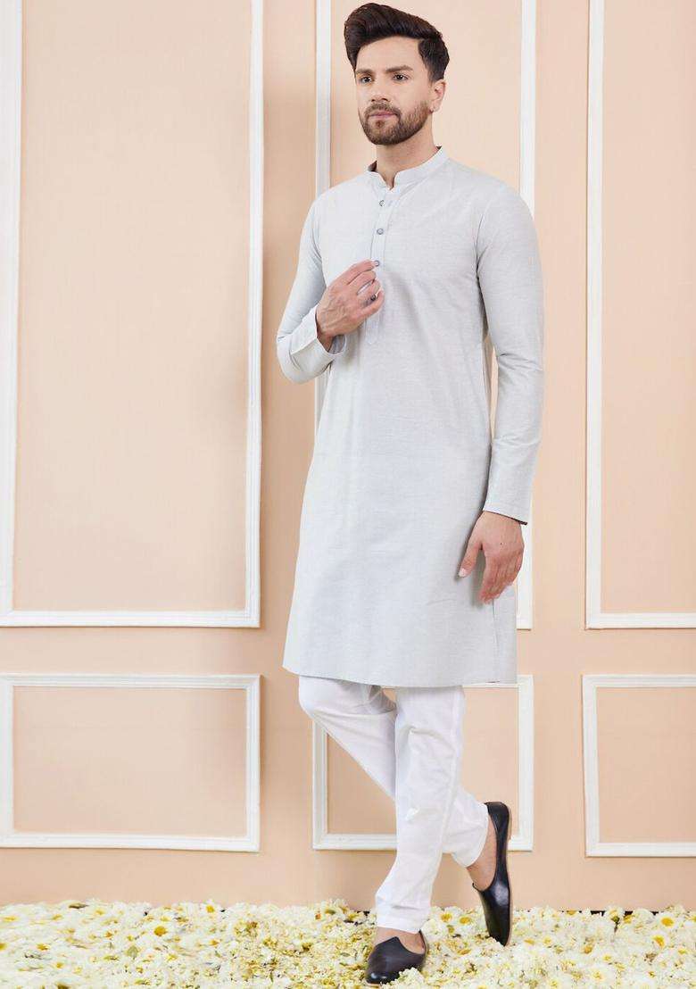 Off White Solid Cotton Kurta Set For Men - Indya