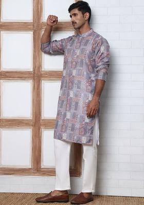 Lavender Printed Cotton Kurta Set For Men