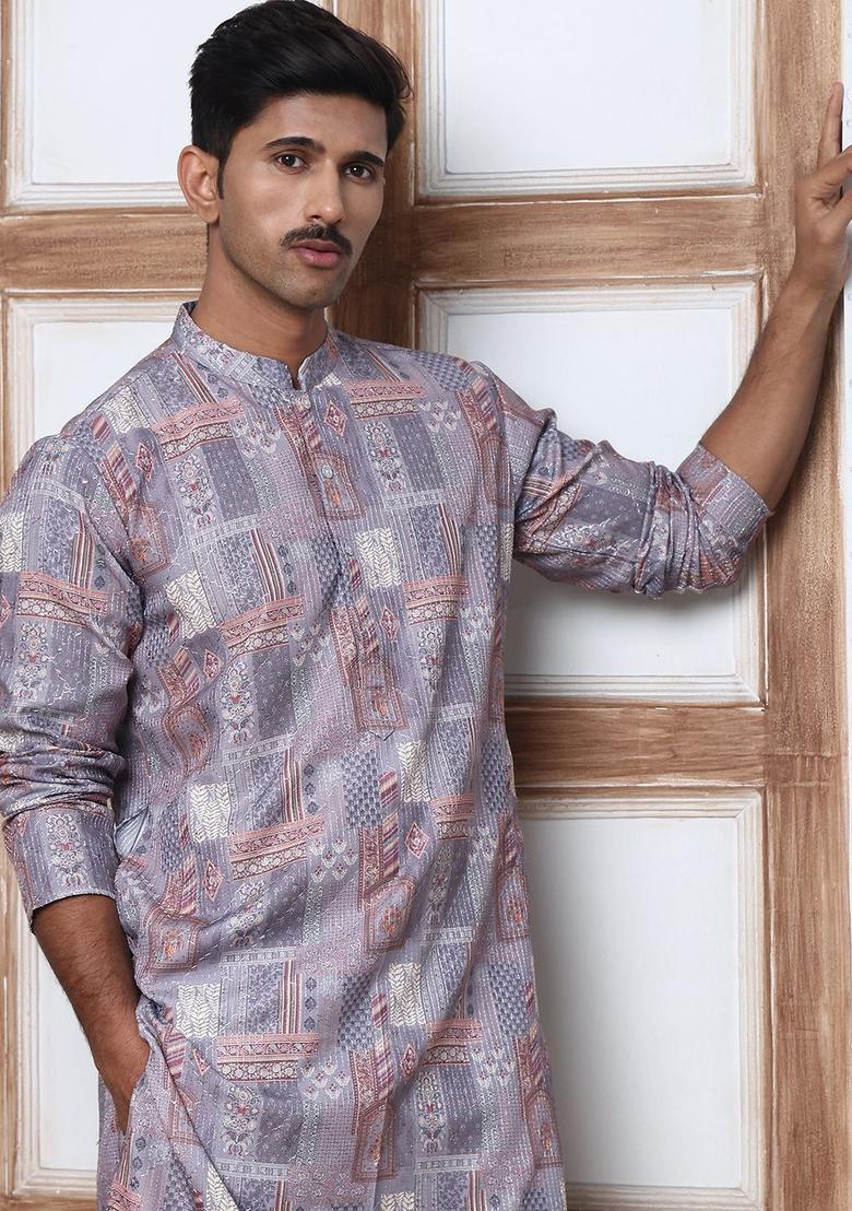 Lavender Printed Cotton Kurta Set For Men - Indya