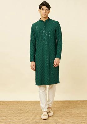 Green Woven Design Viscose Kurta Set For Men