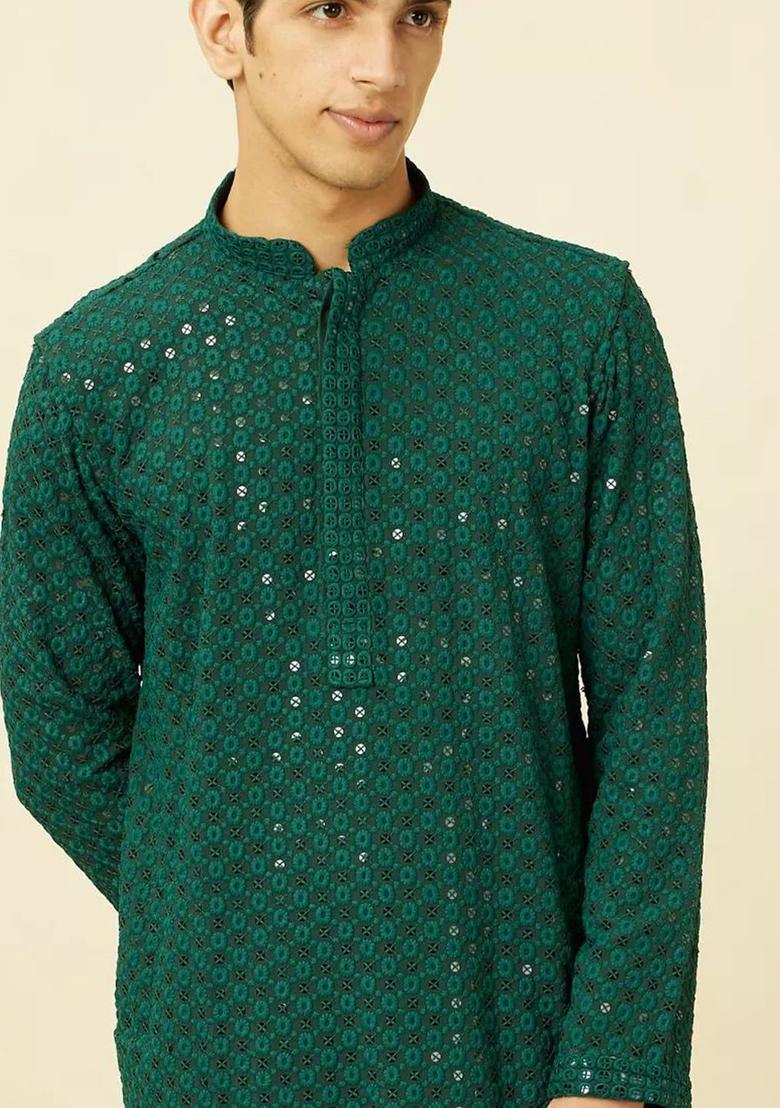 Green Woven Design Viscose Kurta Set For Men - Indya