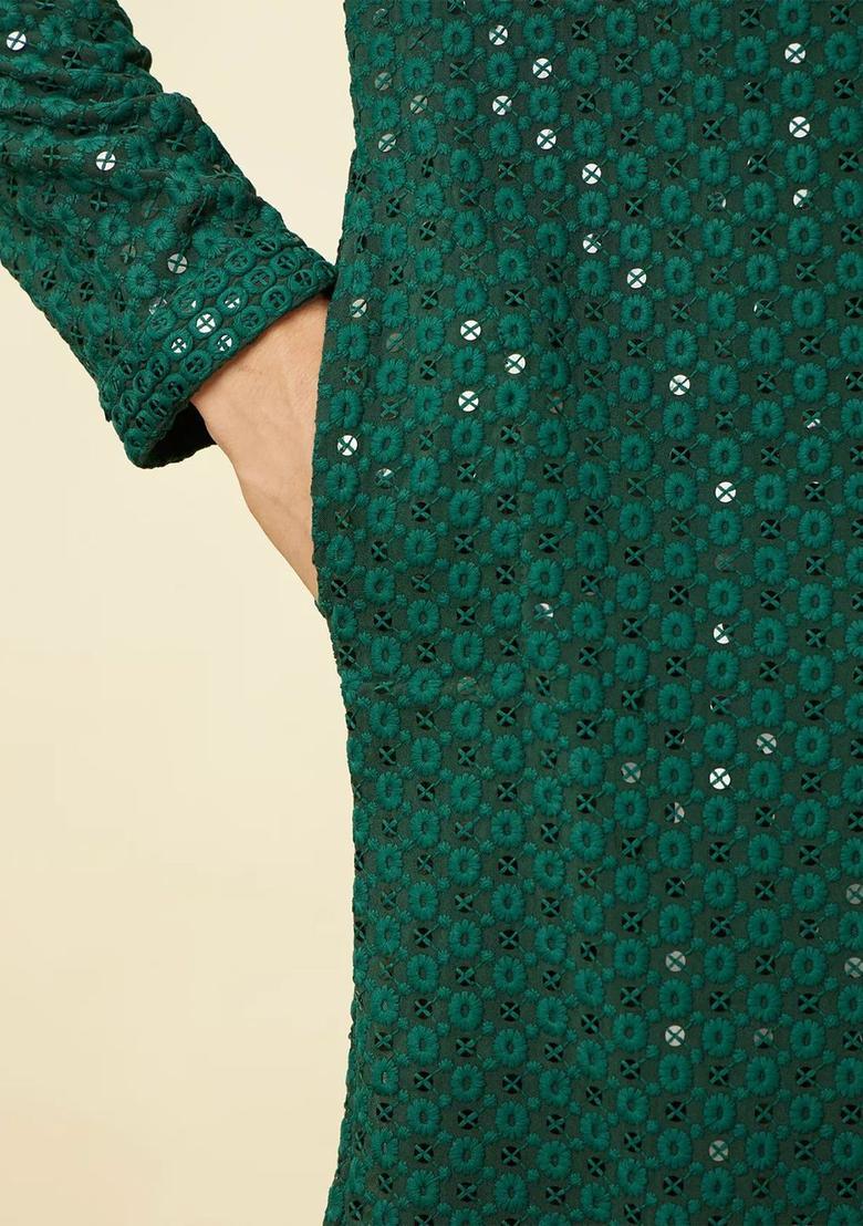 Green Woven Design Viscose Kurta Set For Men - Indya