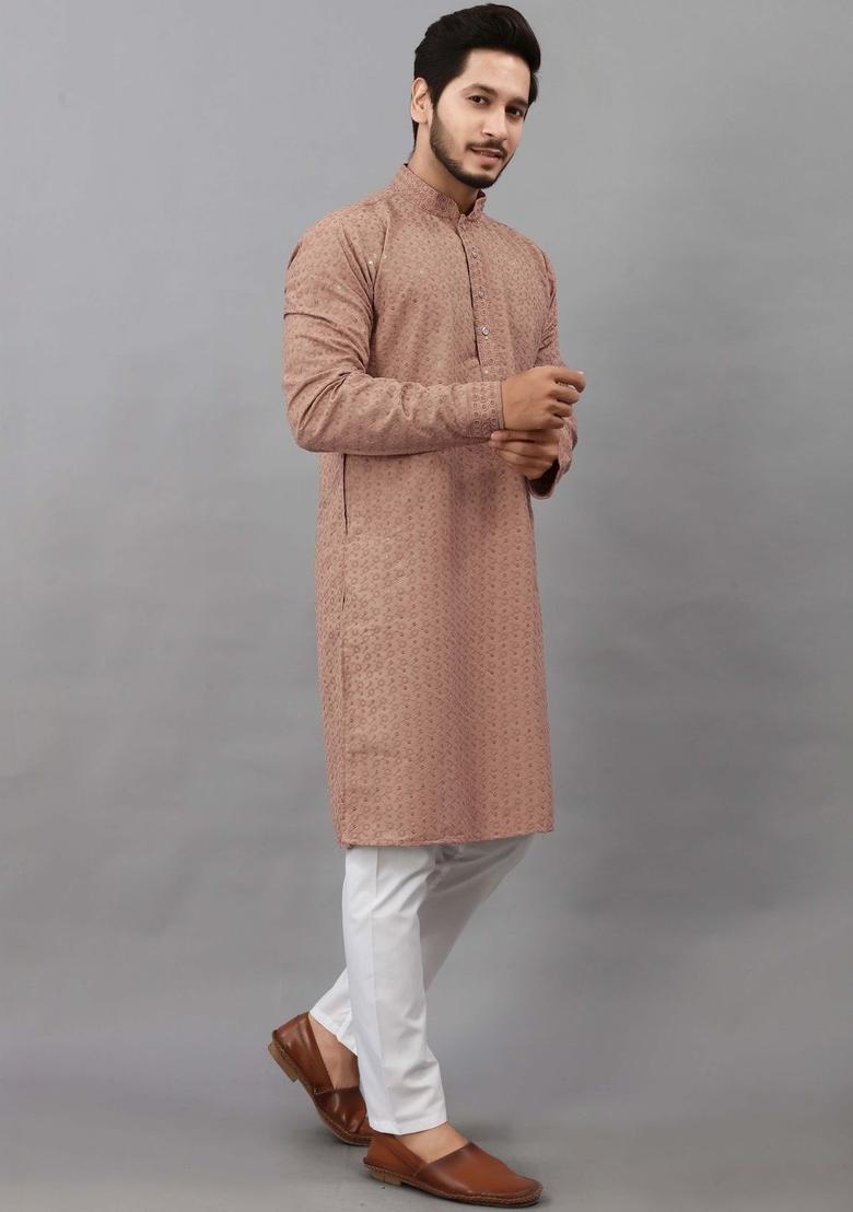Brown Self Design Viscose Kurta Set For Men - Indya