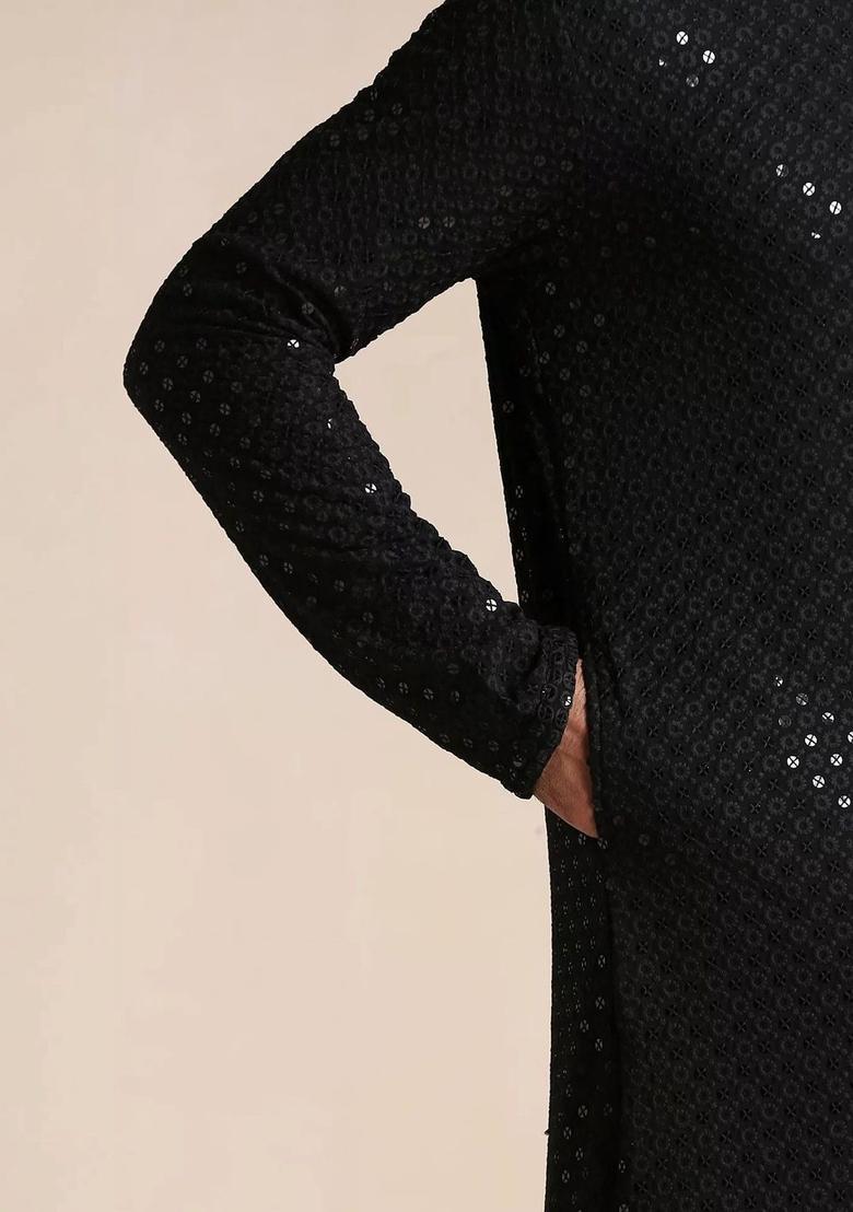 Black Woven Design Viscose Kurta Set For Men - Indya
