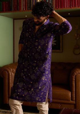 Purple Printed Silk Kurta Set For Men