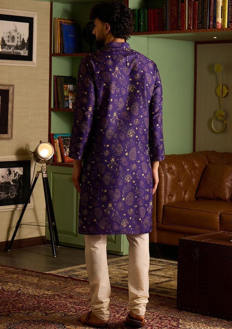 Purple Printed Silk Kurta Set For Men - Indya