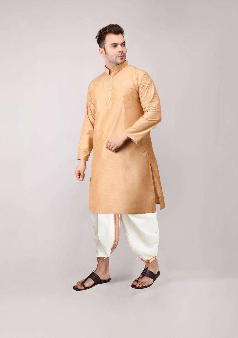 Gold Embroidered Cotton Kurta Set For Men - Indya