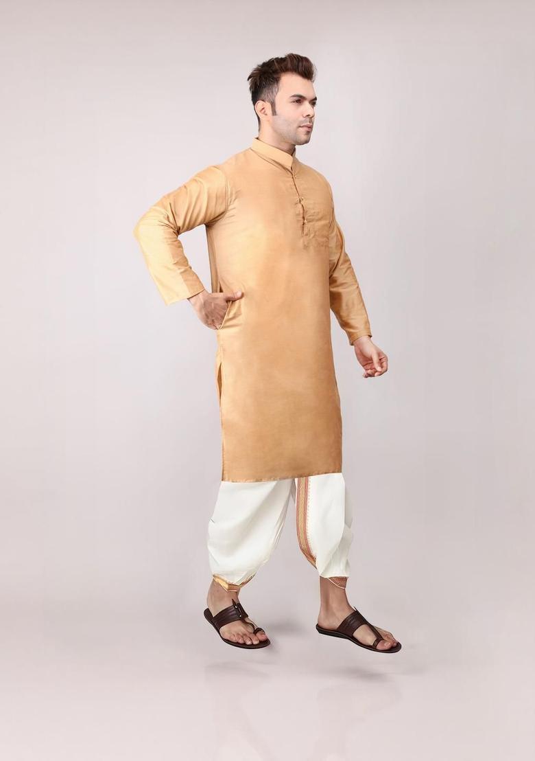 Gold Embroidered Cotton Kurta Set For Men - Indya