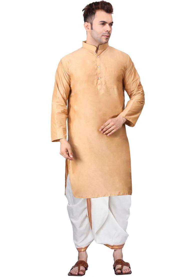 Gold Embroidered Cotton Kurta Set For Men - Indya