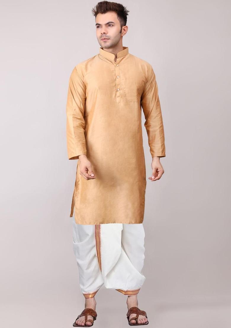 Gold Embroidered Cotton Kurta Set For Men - Indya