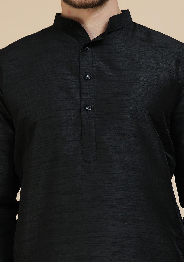 Black Solid Silk Kurta Set For Men - Indya