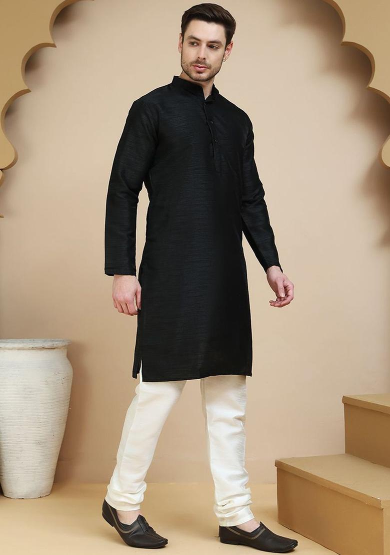Black Solid Silk Kurta Set For Men - Indya
