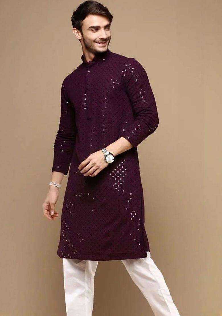 Purple Embroidered Viscose Kurta Set For Men - Indya