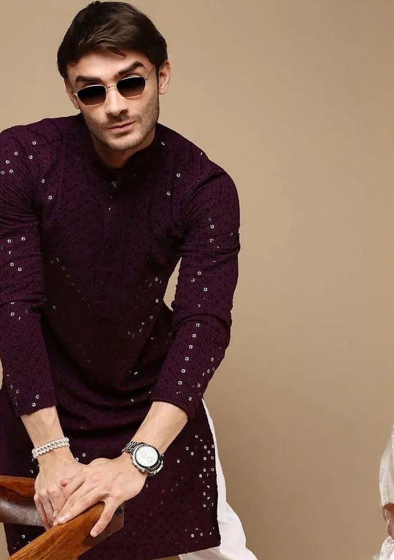 Purple Embroidered Viscose Kurta Set For Men - Indya