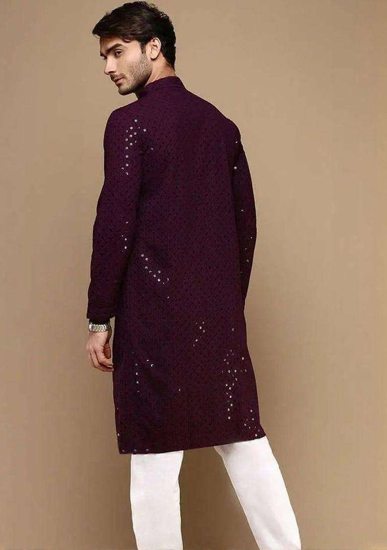 Purple Embroidered Viscose Kurta Set For Men - Indya