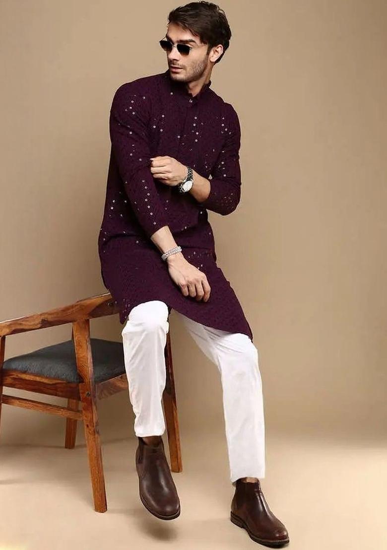 Purple Embroidered Viscose Kurta Set For Men - Indya
