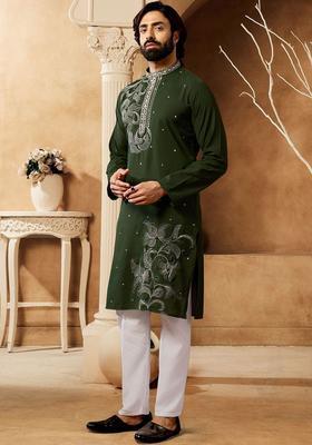 Olive Embroidered Cotton Kurta Set For Men