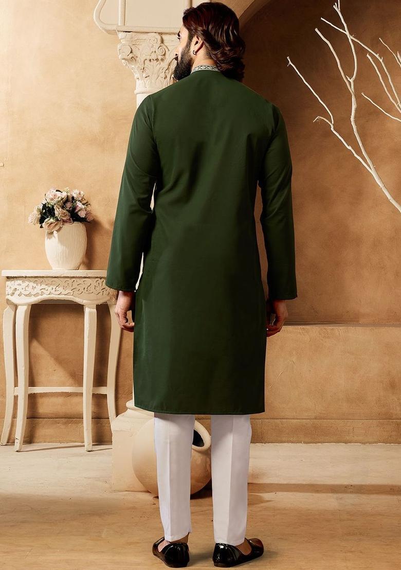 Olive Embroidered Cotton Kurta Set For Men - Indya