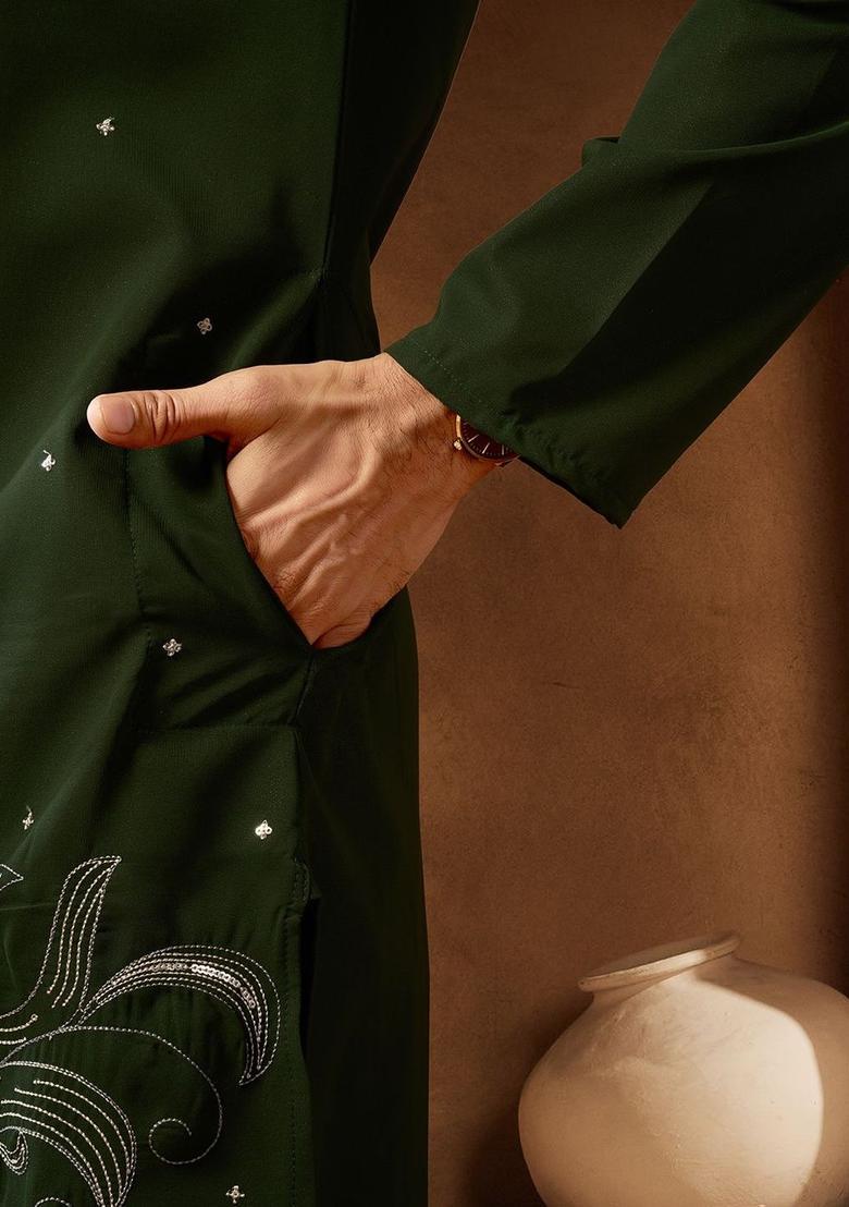 Olive Embroidered Cotton Kurta Set For Men - Indya