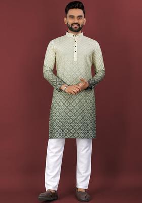 Lime Green Printed Viscose Kurta Set For Men