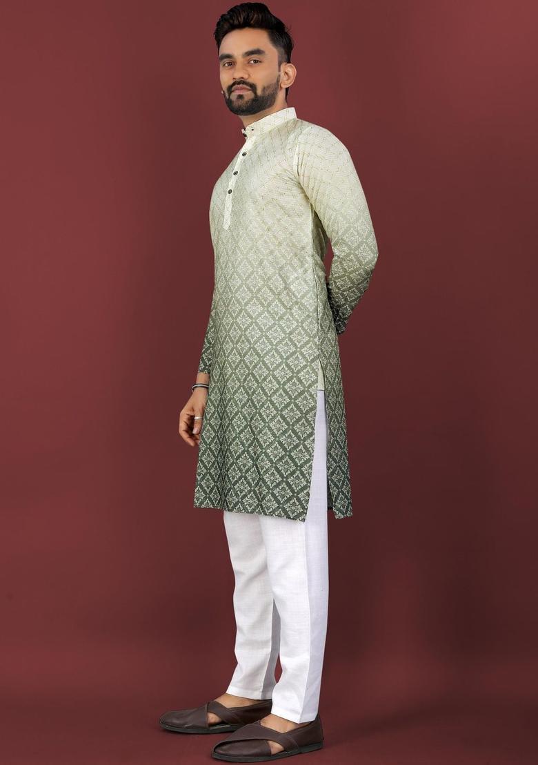 Lime Green Printed Viscose Kurta Set For Men - Indya