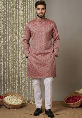 Maroon Woven Design Silk Kurta Set For Men