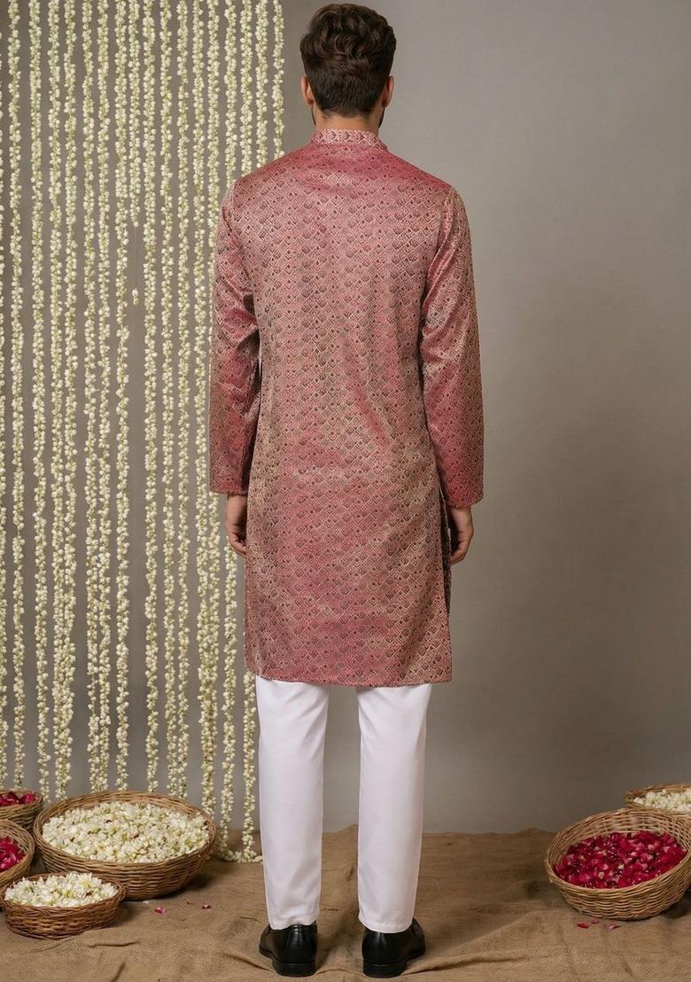 Maroon Woven Design Silk Kurta Set For Men - Indya