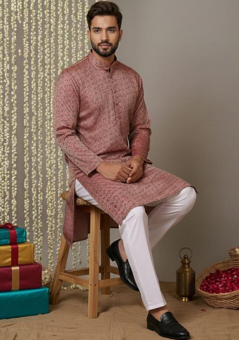 Maroon Woven Design Silk Kurta Set For Men - Indya