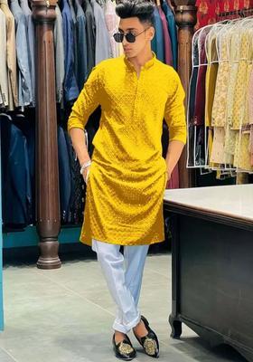 Yellow Embroidered Viscose Kurta Set For Men
