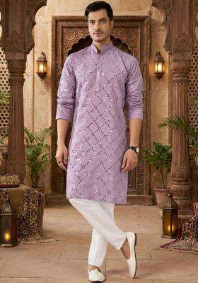 Lavender Embroidered Cotton Kurta Set For Men