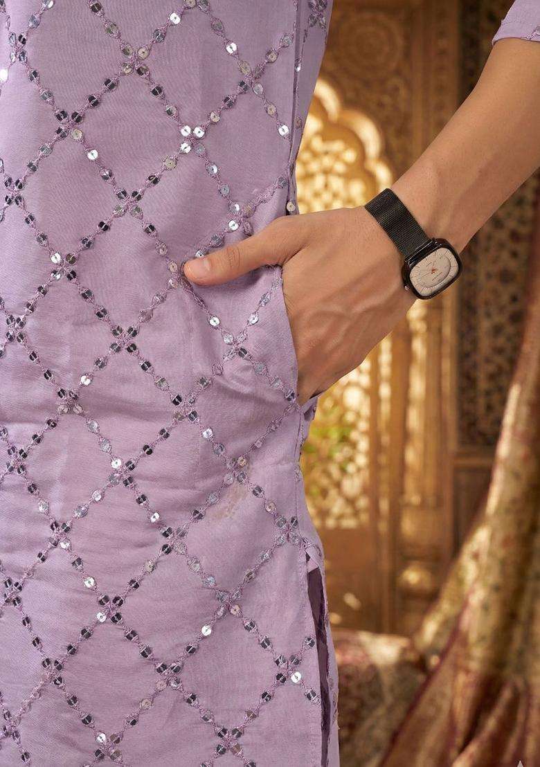 Lavender Embroidered Cotton Kurta Set For Men - Indya
