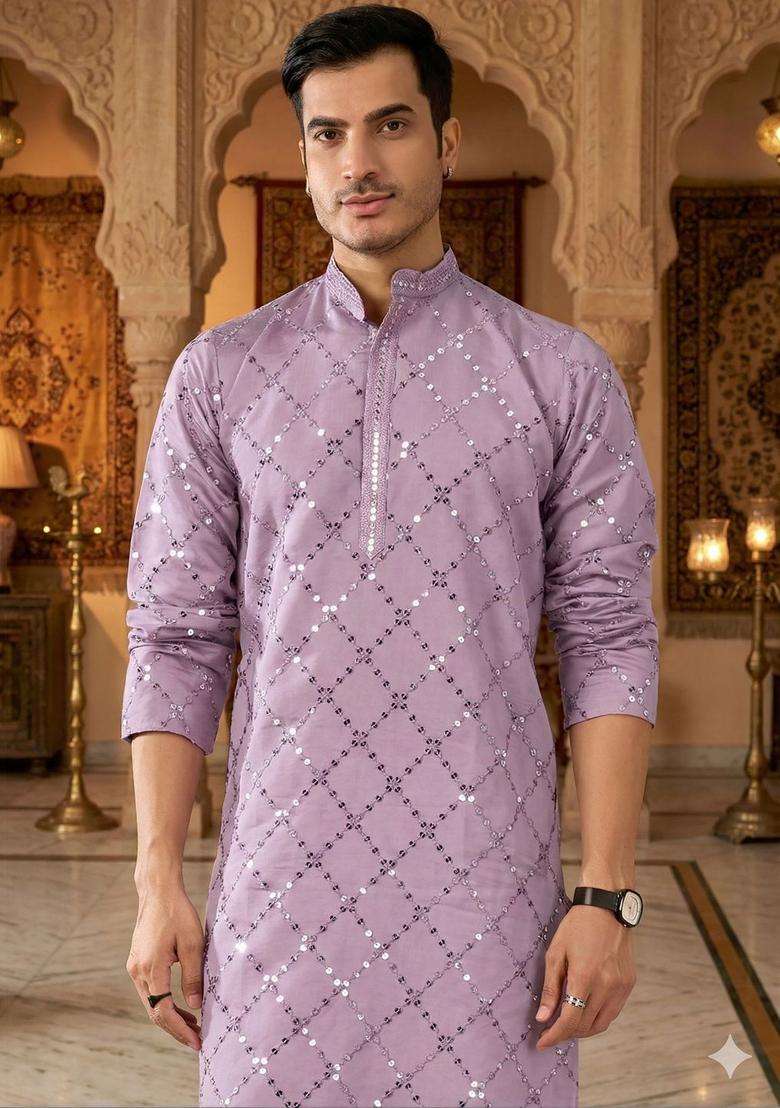 Lavender Embroidered Cotton Kurta Set For Men - Indya