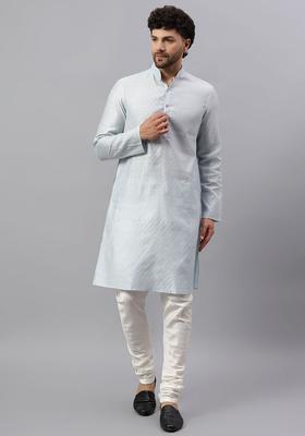 Grey Self Design Silk Blend Kurta Set For Men