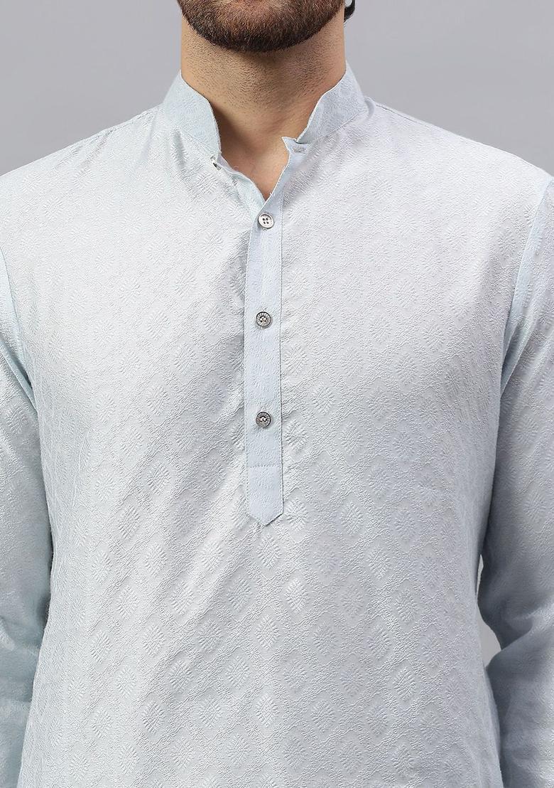 Grey Self Design Silk Kurta Set For Men - Indya