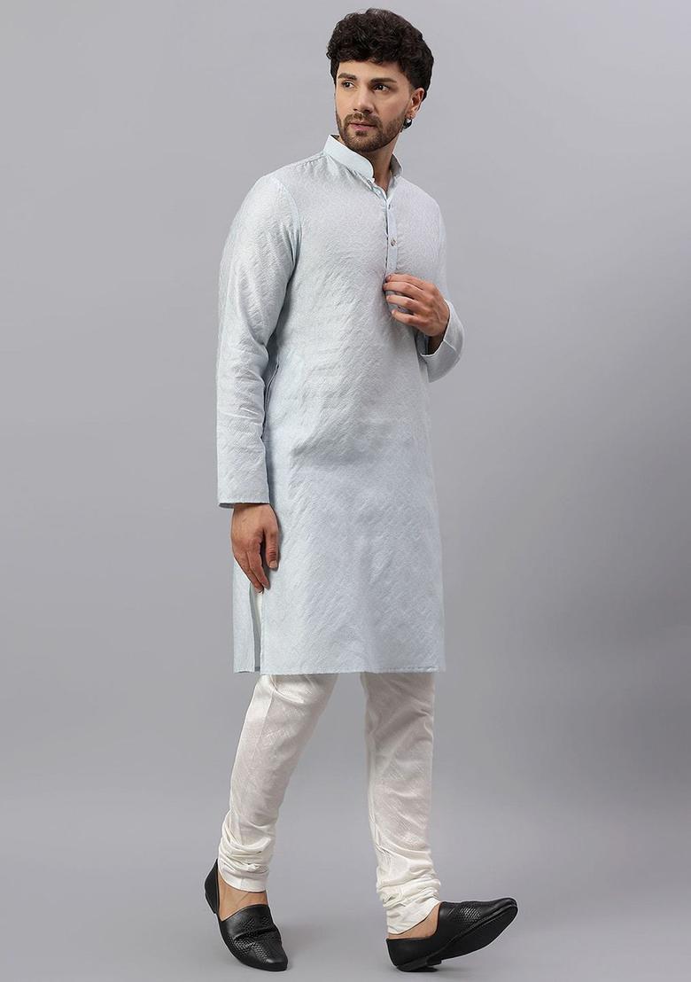 Grey Self Design Silk Kurta Set For Men - Indya