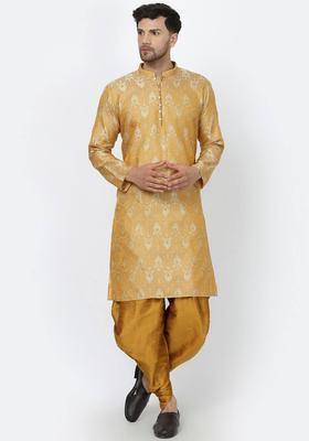 Cream Woven Design Silk Blend Kurta Set For Men