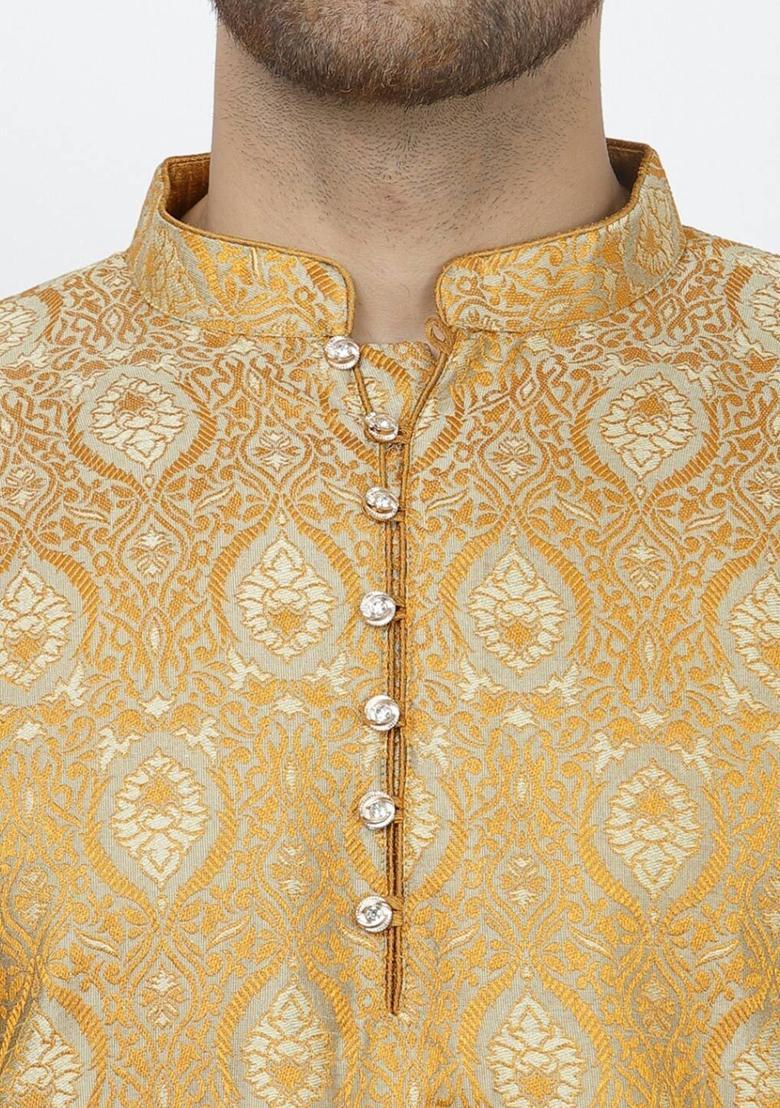 Cream Woven Design Silk Kurta Set For Men - Indya