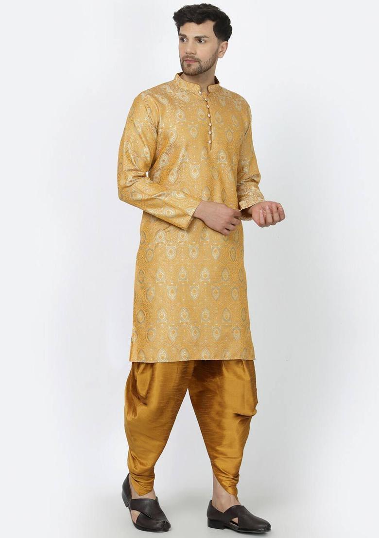 Cream Woven Design Silk Kurta Set For Men - Indya