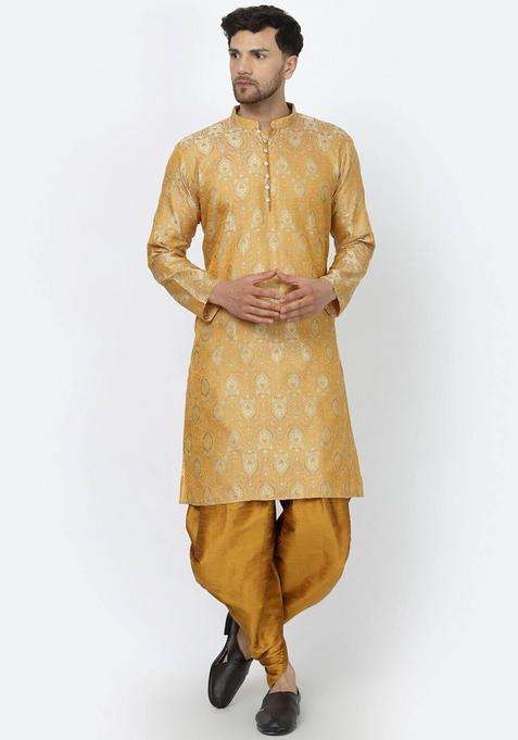 Cream Woven Design Silk Blend Kurta Set For Men