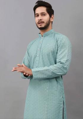 Sea Green Embroidered Viscose Kurta Set For Men