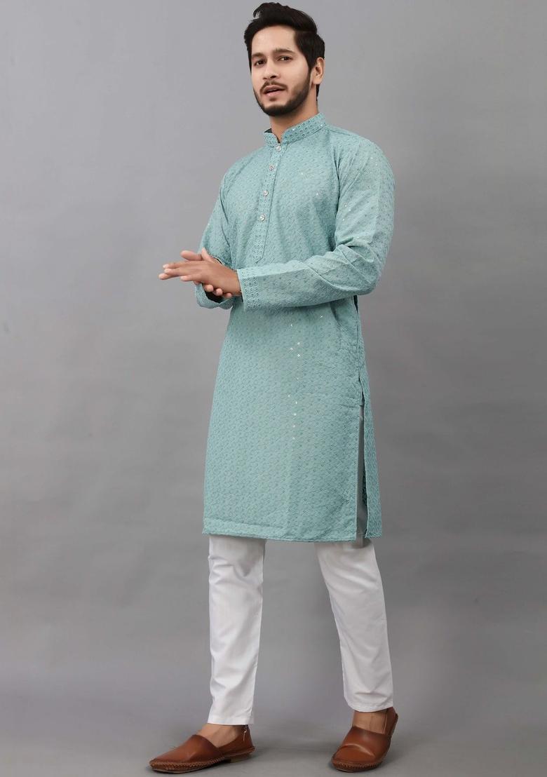 Sea Green Embroidered Viscose Kurta Set For Men - Indya