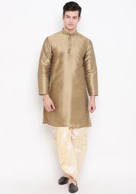 Beige Solid Silk Kurta Set For Men
