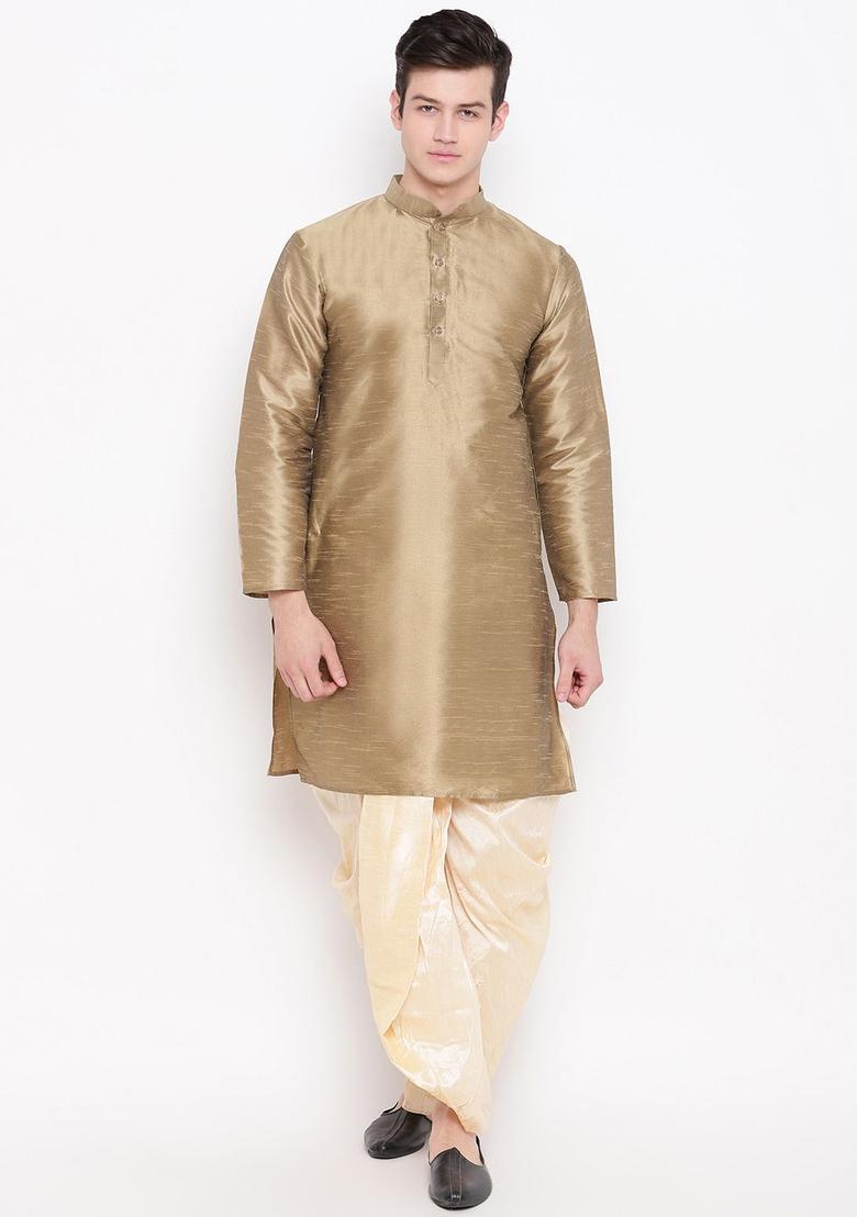 Beige Solid Silk Kurta Set For Men - Indya