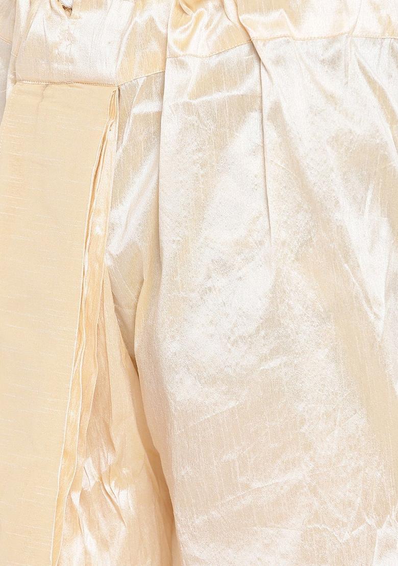 Beige Solid Silk Kurta Set For Men - Indya