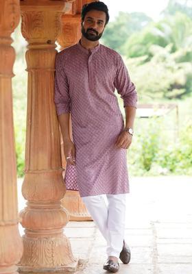 Purple Embroidered Cotton Kurta Set For Men