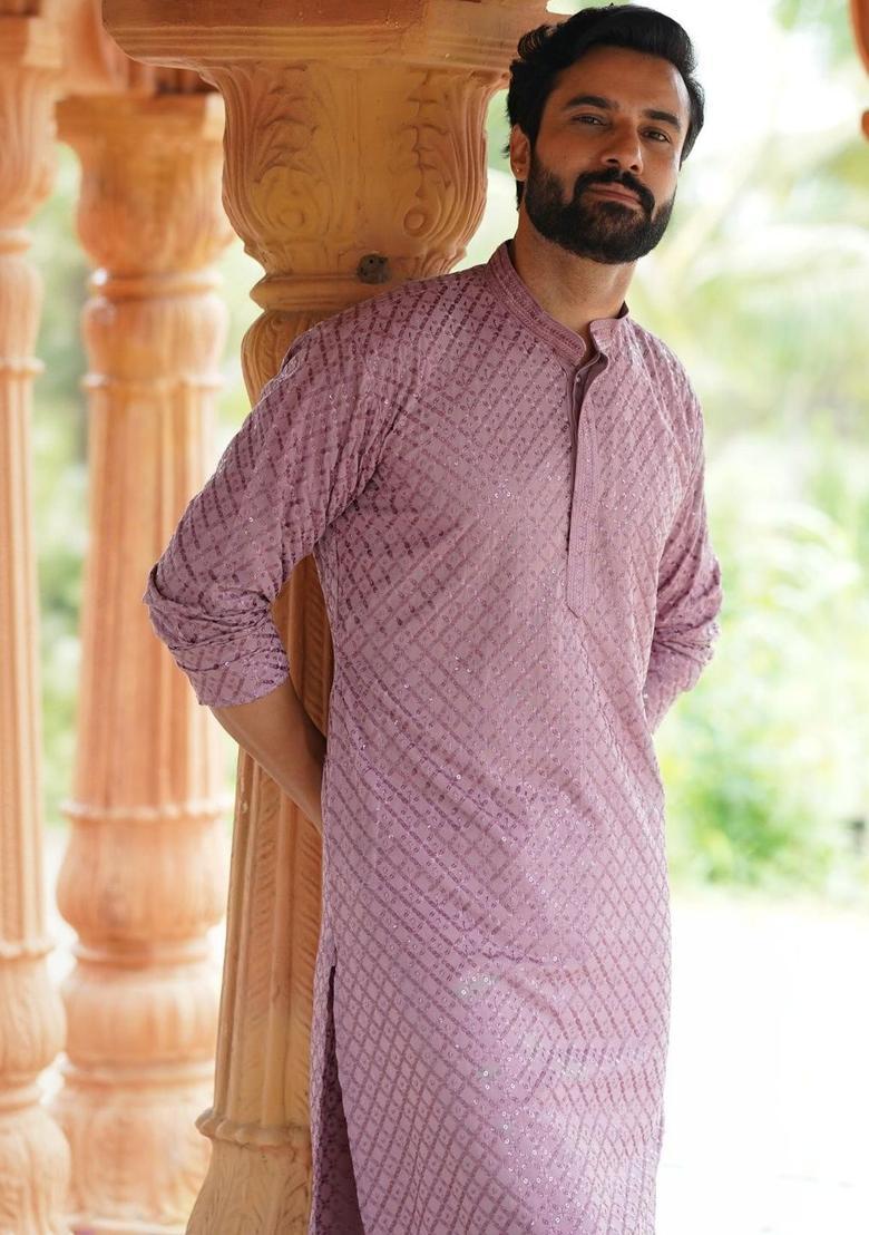 Purple Embroidered Cotton Kurta Set For Men - Indya