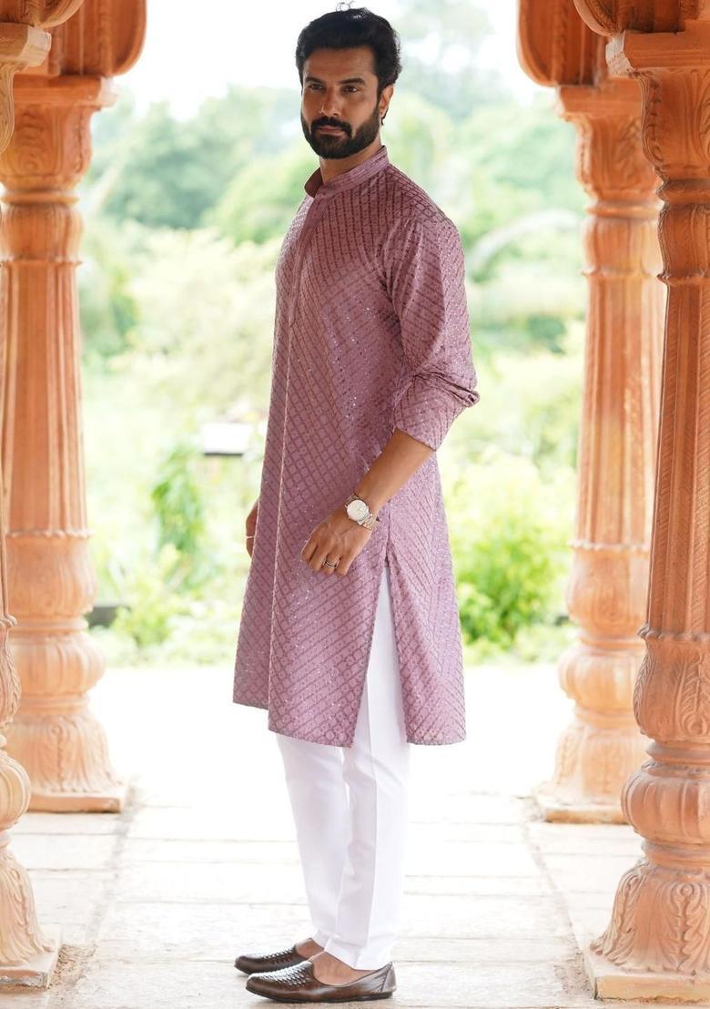 Purple Embroidered Cotton Kurta Set For Men - Indya